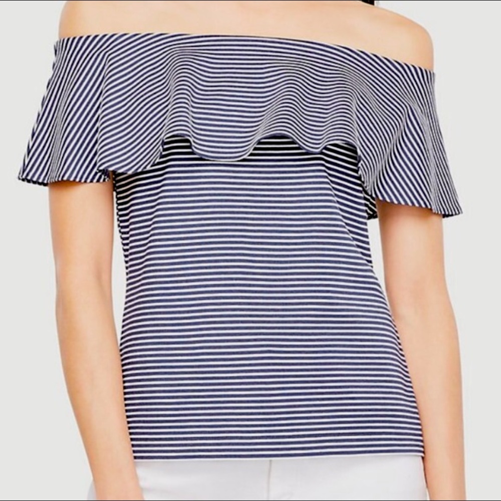 💕 Ann Taylor striped ruffle off shoulder XXSP